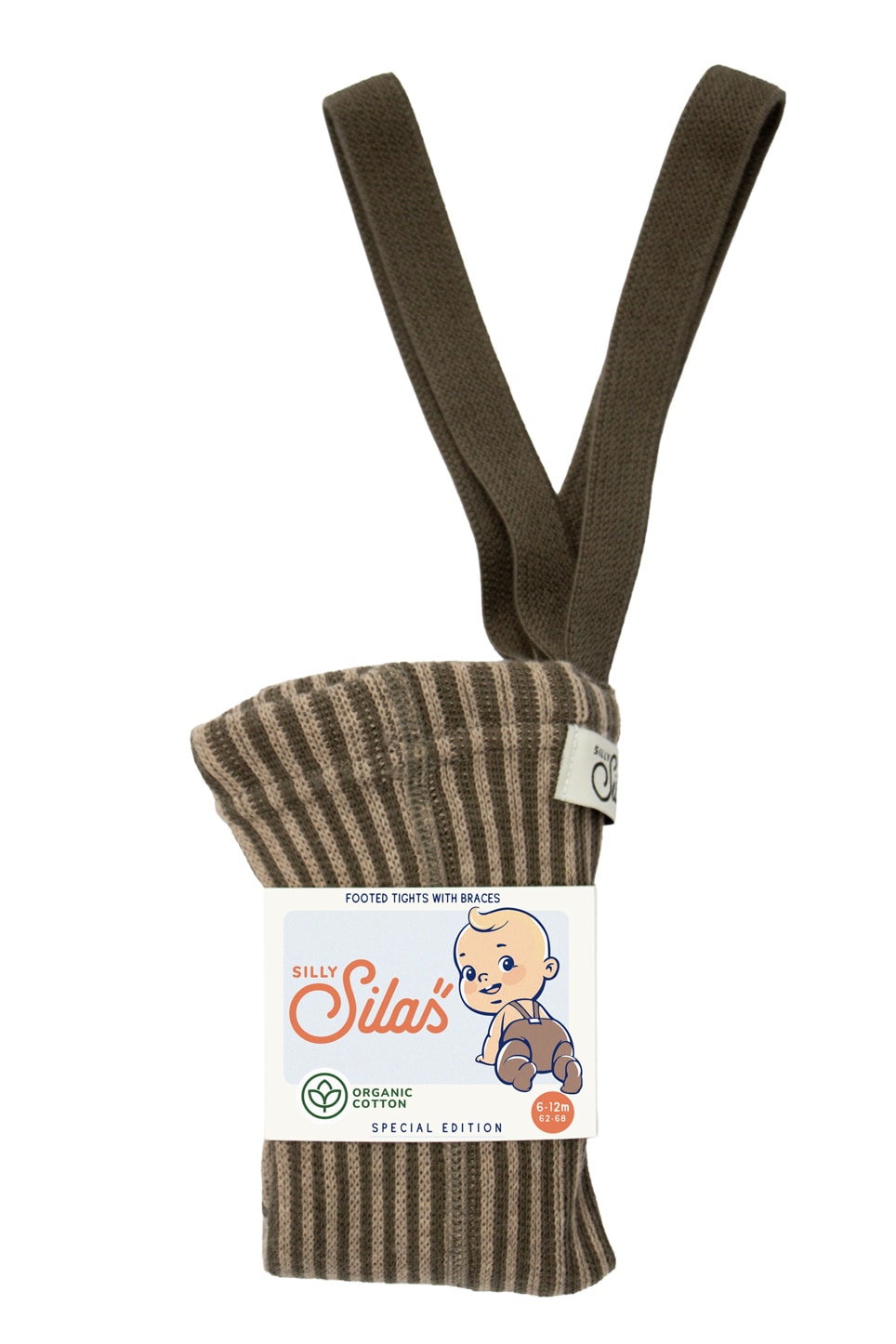 GOTS Cotton Tights With Braces Special Edition Seaweed Brown x Peanut Striped