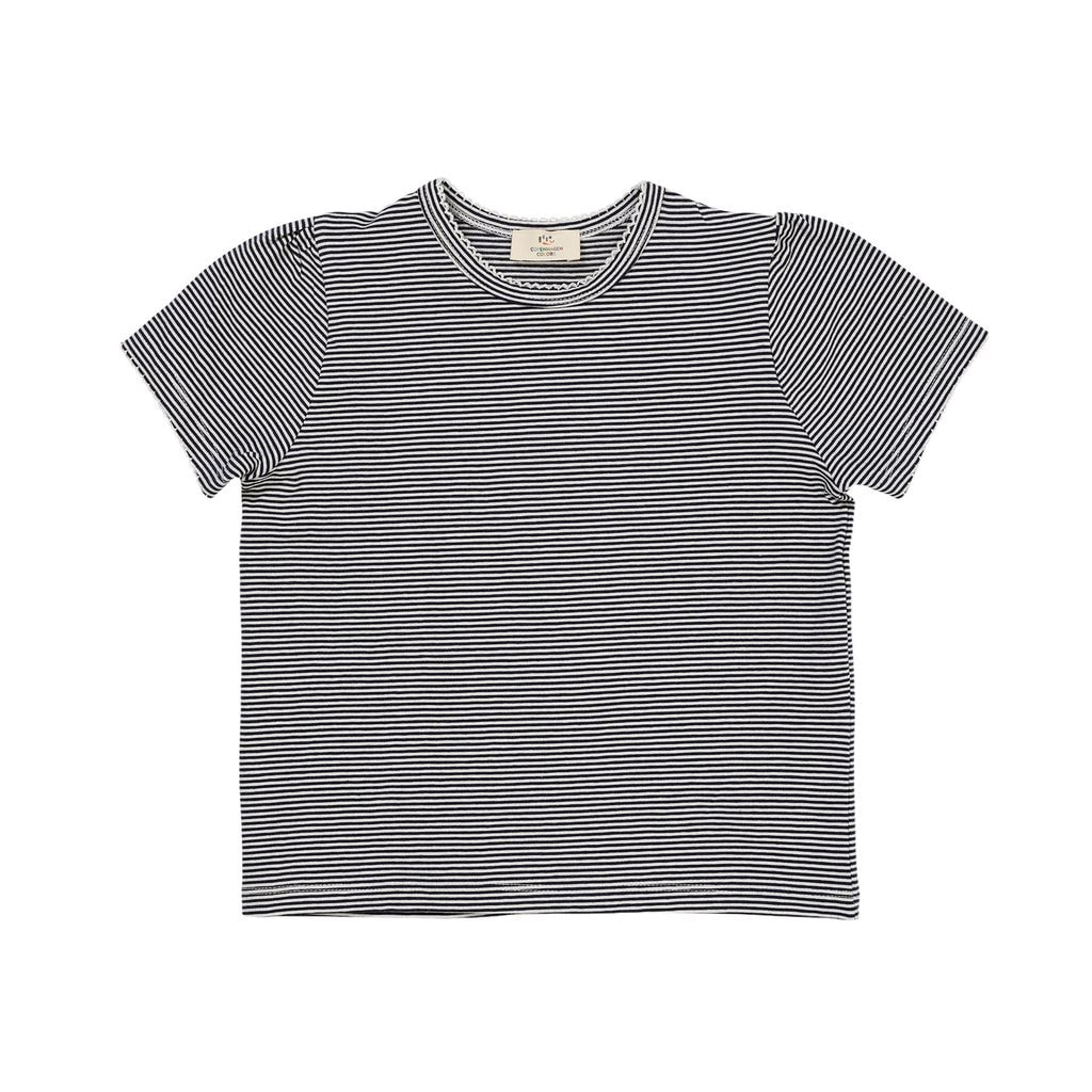 Striped T-Shirt With Ruffle Sleeves Navy Cream Stripe