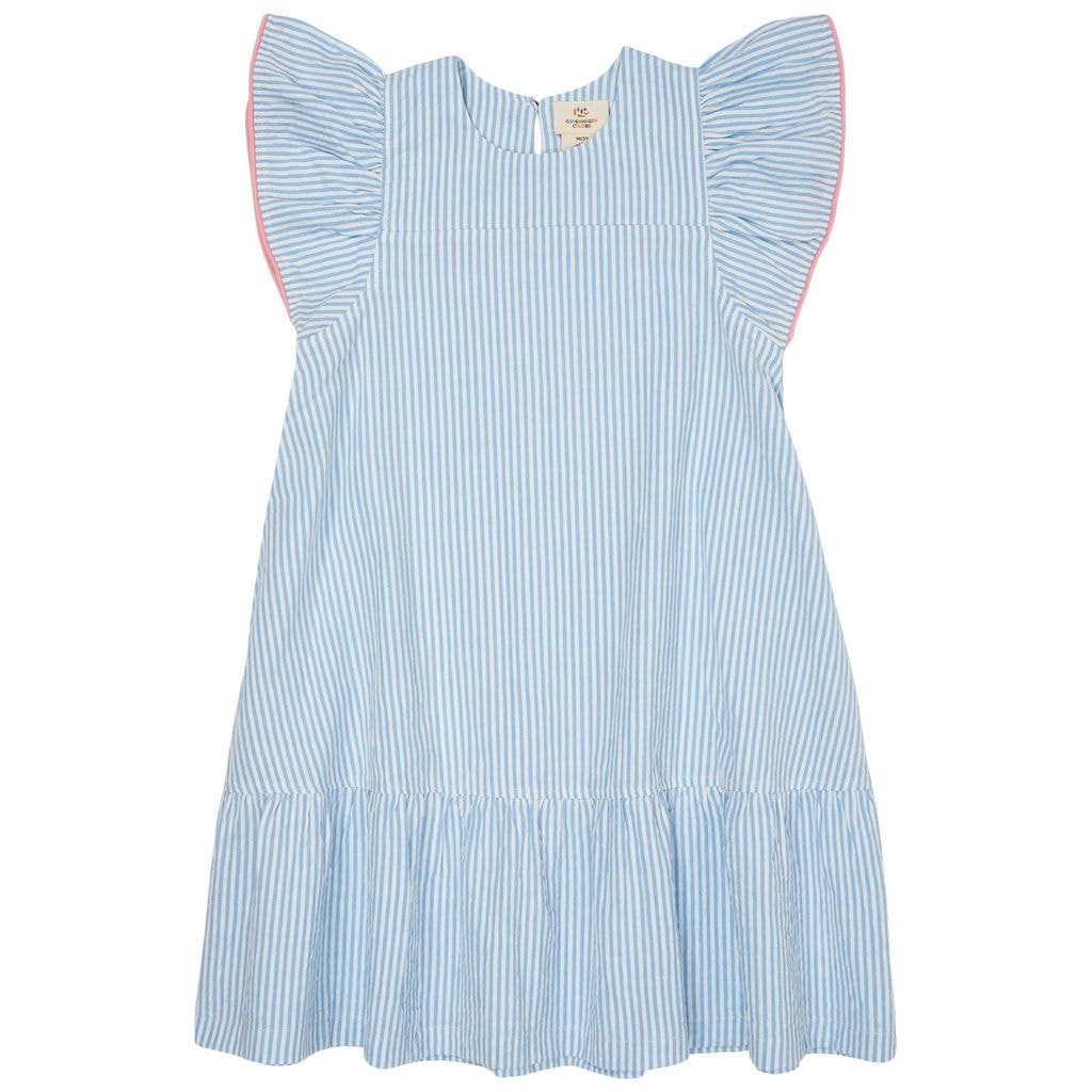 GOTS Seersucker-kjole Med Flæseærmer Sky Blue Cream Pink Stripe