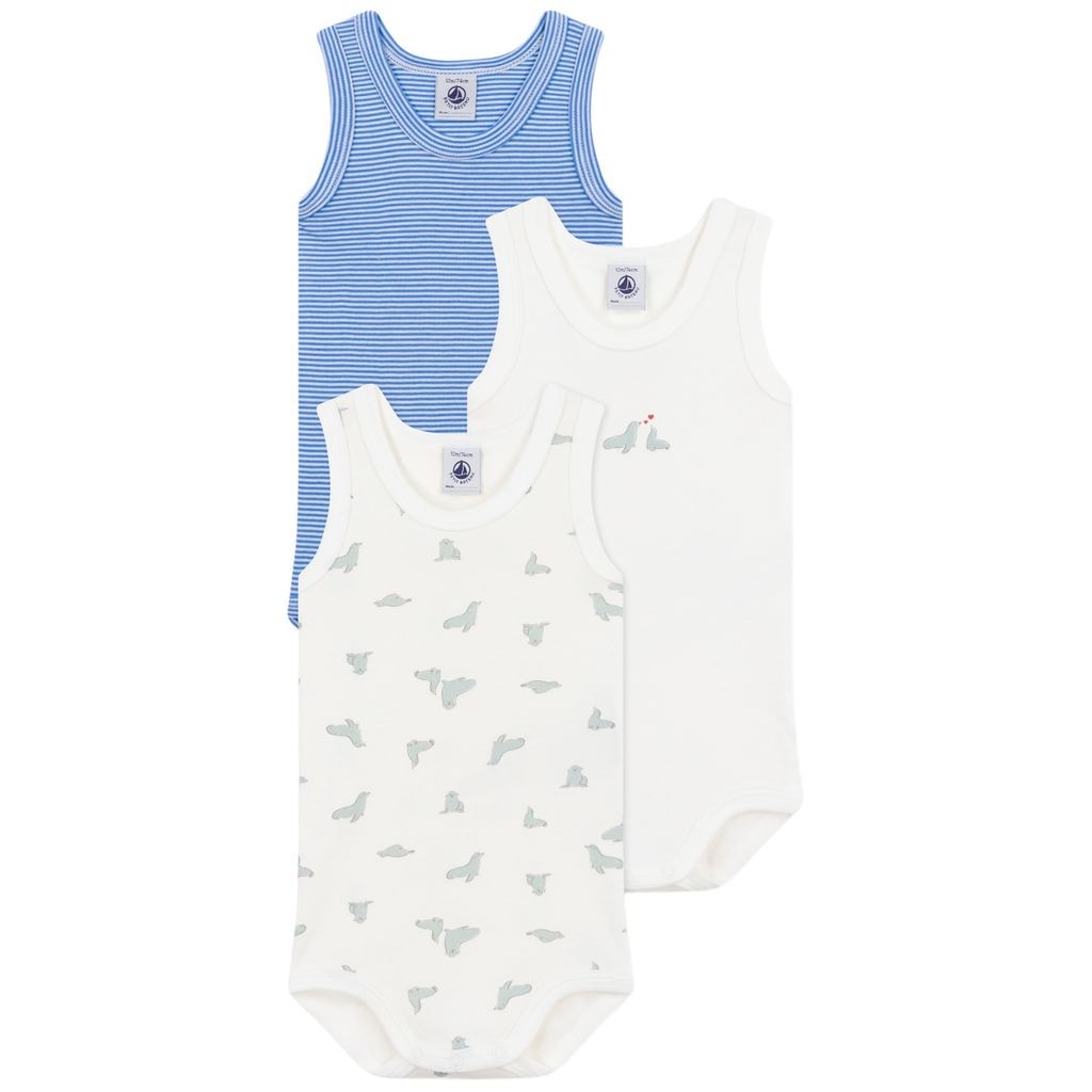3-Pack Sleeveless Baby Bodysuits Delphinium Marshmallow